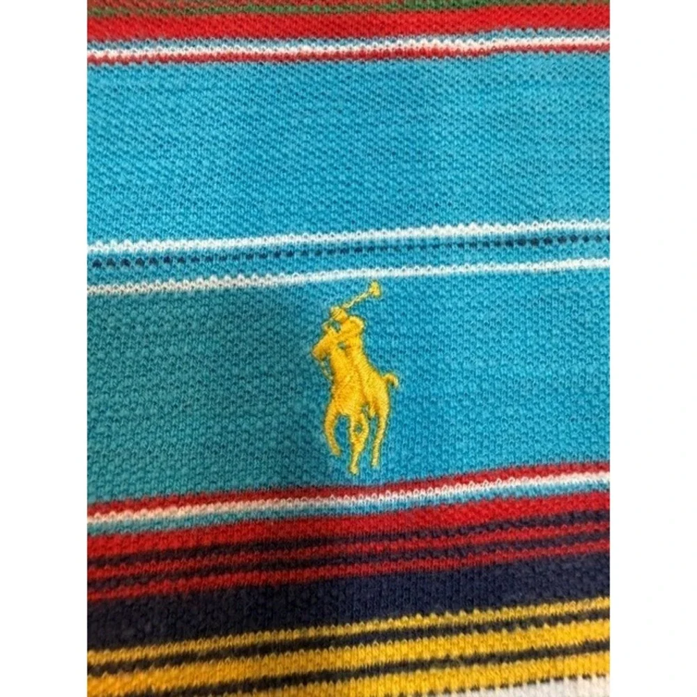 Polo Ralph Lauren Mens XXL Turquoise Blue Multi Color Striped Vintage Polo Shirt